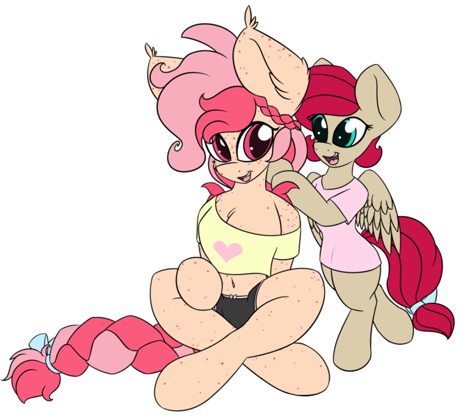 Size: 1609x1427 | Tagged: safe, artist:k-kopp, derpibooru import, oc, oc:dew drop, oc:zoey ann d'quiri, unofficial characters only, bat pony, pegasus, pony, semi-anthro, belly button, bow, braid, braiding, clothes, duo, duo female, female, off shoulder, simple background, transparent background