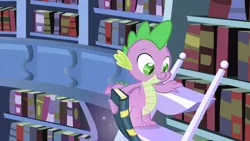 Size: 1280x720 | Tagged: book, bookshelf, derpibooru import, dragon, friendship is magic, ladder, safe, screencap, solo, spike, twilight's canterlot home