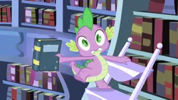 Size: 1280x720 | Tagged: book, bookshelf, derpibooru import, dragon, friendship is magic, ladder, safe, screencap, solo, spike, twilight's canterlot home