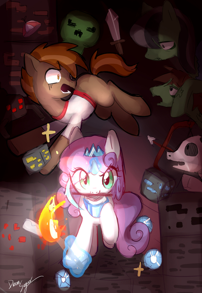 Size: 2031x2952 | Tagged: safe, artist:dreamsugar, derpibooru import, button mash, sweetie belle, giant spider, pony, skeleton pony, spider, undead, unicorn, zombie, zombie pony, don't mine at night, bone, clothes, coal, colt, female, filly, foal, magic, male, minecraft, mouth hold, open mouth, raised hoof, redstone, shirt, signature, skeleton, telekinesis