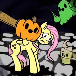 Size: 512x512 | Tagged: artist needed, safe, derpibooru import, fluttershy, ghost, pegasus, pony, undead, choker, chokershy, food, frown, ice cream, pumpkin, specimen 1, spooky's house of jump scares