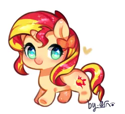 Size: 1748x1594 | Tagged: safe, artist:鱼爪, derpibooru import, sunset shimmer, pony, unicorn, bow, chibi, cute, female, hair bow, heart, mare, shimmerbetes, simple background, solo, white background