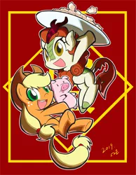 Size: 938x1210 | Tagged: safe, artist:rvceric, derpibooru import, applejack, autumn blaze, earth pony, kirin, pig, pony, sounds of silence, applejack's hat, awwtumn blaze, chinese new year, clothes, cowboy hat, cute, dumplings, female, food, freckles, hat, jackabetes, looking at you, mare, open mouth, year of the pig