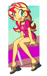 Size: 1050x1680 | Tagged: safe, artist:rvceric, derpibooru import, sunset shimmer, equestria girls, equestria girls series, spring breakdown, spoiler:eqg series (season 2), clothes, cute, female, open mouth, sandals, shimmerbetes, shoe dangling, sitting, smiling, solo