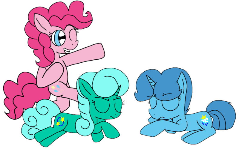 Size: 1738x1080 | Tagged: safe, artist:徐詩珮, derpibooru import, glitter drops, pinkie pie, spring rain, earth pony, pony, unicorn, my little pony: the movie, dancing, glitter drops is not amused, happy, prank, simple background, sleeping, spring rain is not amused, tempest shadow's friends, transparent background, unamused