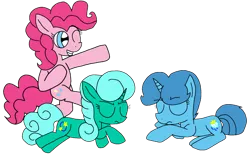 Size: 1738x1080 | Tagged: safe, artist:徐詩珮, derpibooru import, glitter drops, pinkie pie, spring rain, earth pony, pony, unicorn, my little pony: the movie, dancing, glitter drops is not amused, happy, prank, simple background, sleeping, spring rain is not amused, tempest shadow's friends, transparent background, unamused