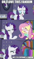 Size: 500x843 | Tagged: safe, derpibooru import, edit, edited screencap, screencap, fluttershy, rarity, pony, fake it 'til you make it, alternate hairstyle, caption, comic, duo, hipstershy, image macro, it is definitely a fandom meme, meme, screencap comic, text