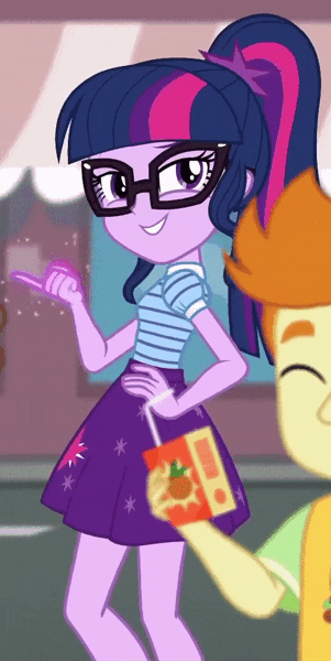 Size: 512x1022 | Tagged: animated, background human, context is for the weak, cropped, derpibooru import, equestria girls, equestria girls series, eyes closed, gif, glasses, grin, juice, juice box, lidded eyes, loop, magic, out of context, ponytail, safe, sci-twi, screencap, smiling, smirk, smug, smuglight sparkle, solo focus, spoiler:eqg series (season 2), street magic with trixie, twilight sparkle