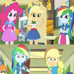 Size: 750x750 | Tagged: safe, derpibooru import, screencap, applejack, curly winds, pinkie pie, rainbow dash, scribble dee, some blue guy, a queen of clubs, equestria girls, equestria girls (movie), equestria girls series, background human, comparison, geode of super speed, growth spurt, magical geodes