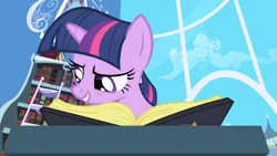 Size: 1280x720 | Tagged: safe, derpibooru import, screencap, twilight sparkle, pony, unicorn, friendship is magic, book, bookshelf, implied elements of harmony, solo, twilight's canterlot home, unicorn twilight, window