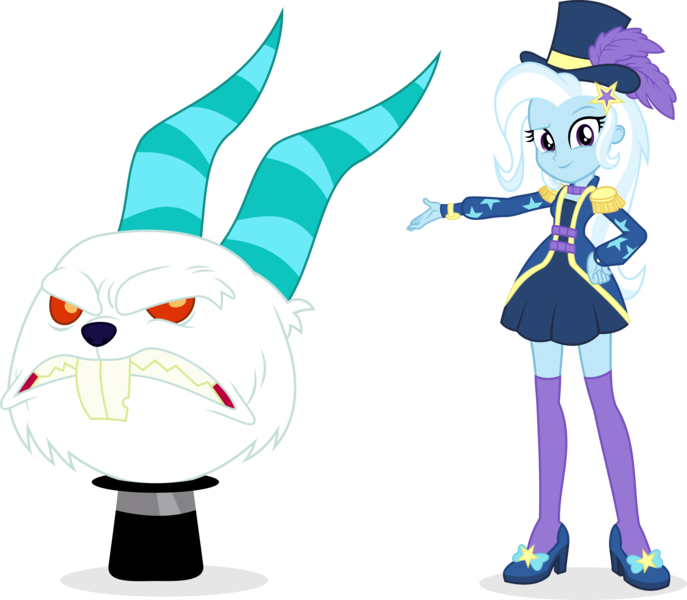 Size: 4927x4300 | Tagged: safe, artist:punzil504, derpibooru import, angel bunny, trixie, equestria girls, equestria girls series, street magic with trixie, spoiler:eqg series (season 2), absurd resolution, anger bunny, clothes, dress, female, hat, high heels, miniskirt, monster, shoes, simple background, skirt, smiling, socks, thigh highs, top hat, transparent background, vector