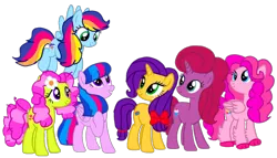 Size: 1885x1080 | Tagged: safe, artist:徐詩珮, derpibooru import, applejack, fluttershy, pinkie pie, rainbow dash, rarity, twilight sparkle, oc, oc:apple netty, oc:betty pop, oc:butter flower, oc:rainbow beart, oc:sky cake, oc:vesty sparkle, earth pony, hippogriff, hybrid, pegasus, pony, unicorn, female, hooves, interspecies offspring, magical lesbian spawn, mane six, next generation, offspring, parent:applejack, parent:flash sentry, parent:fluttershy, parent:glitter drops, parent:pinkie pie, parent:princess skystar, parent:rainbow dash, parent:rarity, parent:soarin', parent:tempest shadow, parent:tree hugger, parent:twilight sparkle, parents:flashlight, parents:flutterhugger, parents:glittershadow, parents:rarijack, parents:skypie, parents:soarindash, raised hoof, raised leg, simple background, transparent background