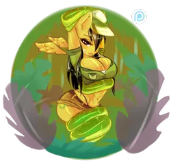 Size: 1665x1604 | Tagged: abs, anthro, artist:girlyq, big breasts, bondage, breasts, busty daring do, cleavage, clothes, coiling, coils, daring do, derpibooru import, female, i've seen enough hentai to know where this is going, panties, sexy, snake, solo, solo female, suggestive, thong, underwear