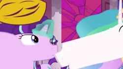 Size: 1920x1080 | Tagged: safe, derpibooru import, edit, edited screencap, screencap, princess celestia, starlight glimmer, pony, a royal problem, are you frustrated?, content-aware scale, distortion, meme, not salmon, shitposting, wat