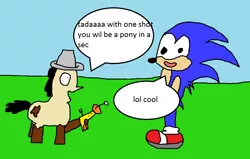 Size: 1100x700 | Tagged: 1000 hours in ms paint, artist:mudlove2, crossover, derpibooru import, dialogue, oc, oc:mudlove, ray gun, safe, sonic the hedgehog, sonic the hedgehog (series), speech bubble