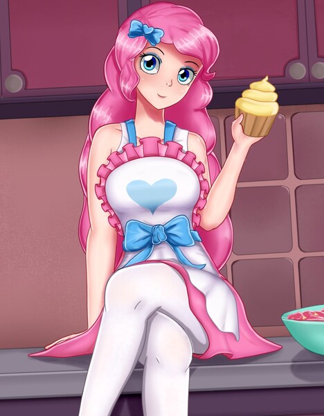 Size: 1036x1327 | Tagged: safe, artist:focusb, derpibooru import, pinkie pie, human, equestria girls, equestria girls series, the craft of cookies, spoiler:eqg series (season 2), apron, clothes, crossed legs, cupcake, cute, diapinkes, female, food, humanized, legs, looking at you, pantyhose, sitting, skirt, smiling
