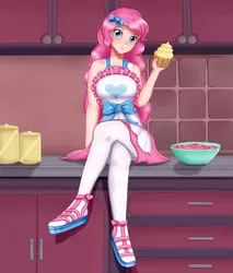 Size: 1700x2000 | Tagged: safe, artist:focusb, derpibooru import, pinkie pie, human, equestria girls, equestria girls series, the craft of cookies, spoiler:eqg series (season 2), apron, clothes, crossed legs, cupcake, cute, diapinkes, female, food, humanized, kitchen, legs, looking at you, pantyhose, sandals, shoes, sitting, skirt, smiling, stockings, thigh highs