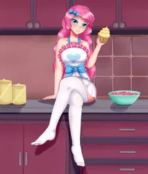Size: 1700x2000 | Tagged: safe, artist:focusb, derpibooru import, pinkie pie, human, equestria girls, equestria girls series, the craft of cookies, spoiler:eqg series (season 2), apron, clothes, crossed legs, cupcake, cute, diapinkes, female, food, frosting, humanized, legs, looking at you, missing shoes, sitting, skirt, smiling, socks, stocking feet, stockings, thigh highs, zettai ryouiki
