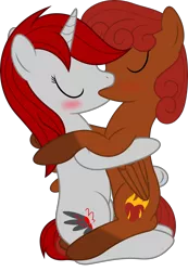 Size: 2000x2893 | Tagged: safe, artist:waveywaves, derpibooru import, oc, oc:firefly, oc:waves, unofficial characters only, pony, blushing, female, hug, kissing, lesbian, oc x oc, shipping, socks (coat marking)