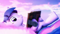 Size: 3840x2160 | Tagged: safe, artist:selestlight, derpibooru import, twilight sparkle, twilight sparkle (alicorn), alicorn, pony, 3d, book, cloud, looking at you, solo, source filmmaker