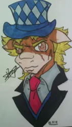 Size: 607x1080 | Tagged: safe, artist:devorierdeos, derpibooru import, ponified, earth pony, pony, bust, clothes, crossover, floppy ears, hat, jojo's bizarre adventure, male, necktie, portrait, scar, solo, speedwagon, stallion