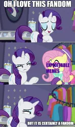 Size: 500x843 | Tagged: alternate hairstyle, caption, comic, derpibooru import, disgusted, edit, edited screencap, editor:nightshadowmlp, exploitable meme, fake it 'til you make it, fluttershy, hat, hipstershy, hypocritical humor, image macro, implied exploitable memes, it is definitely a fandom meme, meme, meta, rarity, safe, screencap, screencap comic, text