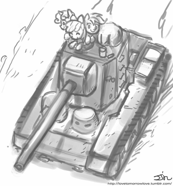 Size: 735x788 | Tagged: apple bloom, artist:johnjoseco, ask gaming princess luna, cutie mark crusaders, derpibooru import, grayscale, kv-5, monochrome, safe, scootaloo, sweetie belle, tank (vehicle)