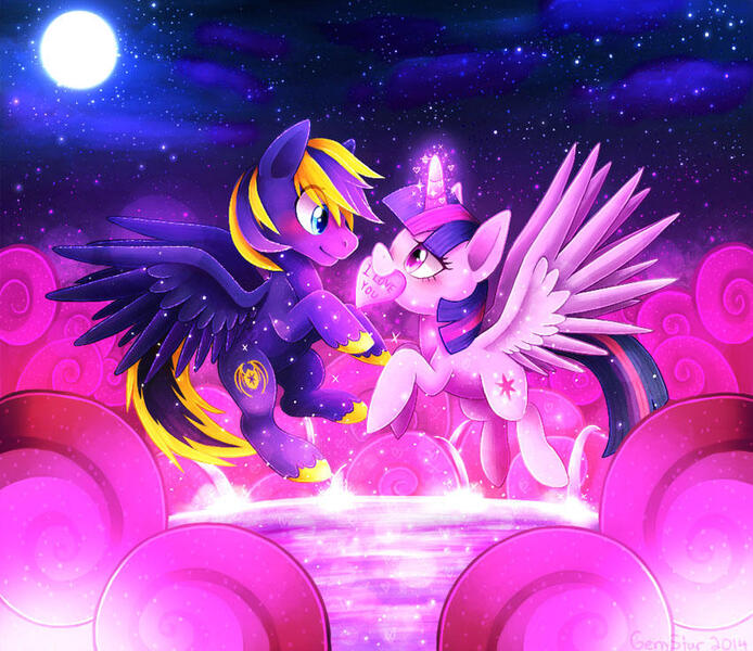 Size: 850x735 | Tagged: safe, artist:genystar, derpibooru import, twilight sparkle, twilight sparkle (alicorn), oc, oc:zephyr, alicorn, pony, canon x oc, twiphyr