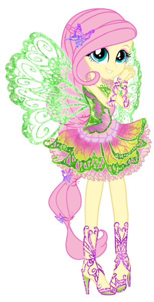 Size: 1250x2450 | Tagged: safe, artist:gihhbloonde, derpibooru import, fluttershy, fairy, human, equestria girls, butterflix, clothes, crossover, dress, fairy wings, fairyized, female, flora (winx club), green wings, hasbro, hasbro studios, high heels, humanized, ponied up, rainbow s.r.l, shoes, simple background, smiling, solo, transformation, transparent background, winged humanization, wings, winx club