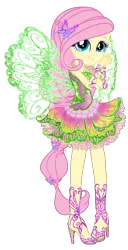 Size: 1250x2450 | Tagged: safe, artist:gihhbloonde, derpibooru import, fluttershy, fairy, human, equestria girls, butterflix, clothes, crossover, dress, fairy wings, fairyized, female, flora (winx club), green wings, hasbro, hasbro studios, high heels, humanized, ponied up, rainbow s.r.l, shoes, simple background, smiling, solo, transformation, transparent background, winged humanization, wings, winx club