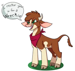 Size: 998x947 | Tagged: arizona cow, artist:thedefinitionofsad, bandana, cloven hooves, community related, cow, derpibooru import, dialogue, female, floppy ears, misspelling, neckerchief, open mouth, safe, simple background, solo, speech bubble, them's fightin' herds, transparent background