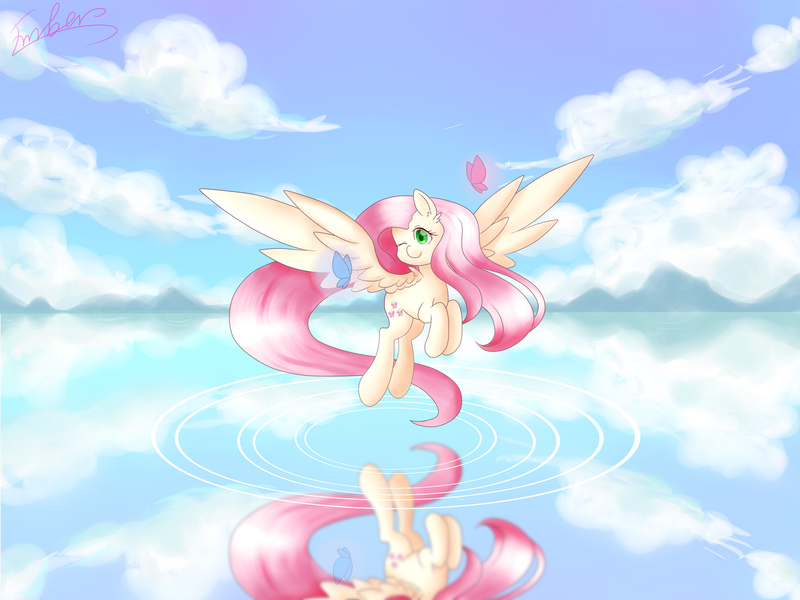 Size: 5512x4134 | Tagged: safe, artist:琥珀莓砸-amberry, derpibooru import, fluttershy, butterfly, pegasus, pony, absurd resolution, cloud, female, mare, one eye closed, sky, solo, water, wink