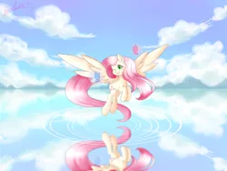 Size: 5512x4134 | Tagged: safe, artist:琥珀莓砸-amberry, derpibooru import, fluttershy, butterfly, pegasus, pony, absurd resolution, cloud, female, mare, one eye closed, sky, solo, water, wink