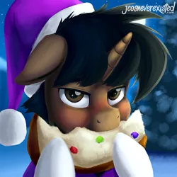 Size: 800x800 | Tagged: safe, artist:jcosneverexisted, derpibooru import, oc, oc:marrón, unofficial characters only, pony, blushing, christmas, cute, eating, fruitcake, hat, holiday, looking at you, male, panettone, patreon, profile picture, reward, santa hat