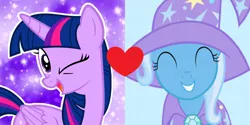 Size: 1500x748 | Tagged: safe, derpibooru import, edit, trixie, twilight sparkle, twilight sparkle (alicorn), alicorn, pony, female, heart, lesbian, shipping, shipping domino, twixie