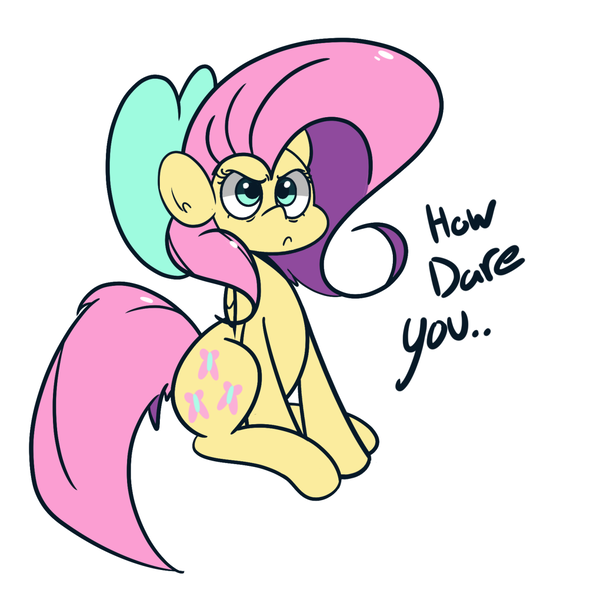 Size: 1280x1280 | Tagged: safe, artist:turtlefarminguy, derpibooru import, fluttershy, pegasus, pony, angry, bow, cute, female, fluttershy is not amused, frown, hair bow, how dare you?, madorable, mare, text, unamused