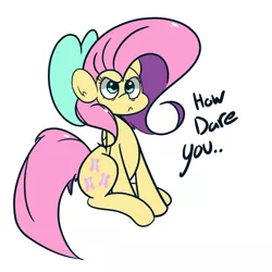 Size: 1280x1280 | Tagged: safe, artist:turtlefarminguy, derpibooru import, fluttershy, pegasus, pony, angry, bow, cute, female, fluttershy is not amused, frown, hair bow, how dare you?, madorable, mare, text, unamused