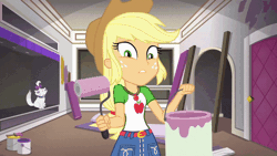 Size: 800x450 | Tagged: safe, derpibooru import, screencap, applejack, opalescence, rarity, diy with applejack, equestria girls, equestria girls series, spoiler:eqg series (season 2), animated, bracelet, cute, female, freckles, geode of super strength, gif, hat, jackabetes, jewelry, magical geodes, paint roller, smiling, thumbs up