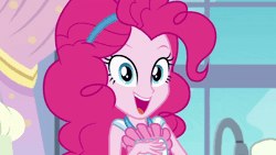 Size: 800x450 | Tagged: safe, derpibooru import, screencap, pinkie pie, equestria girls, equestria girls series, the craft of cookies, spoiler:eqg series (season 2), animated, apron, clothes, cute, diapinkes, floating heart, gif, grin, happy, heart, heart hands, kitchen, looking at you, smiling, solo, squee, sweet dreams fuel