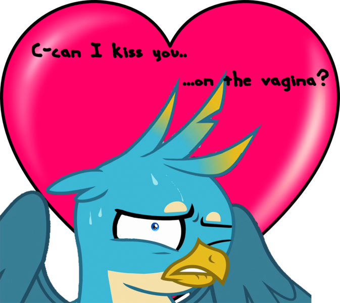 Size: 999x890 | Tagged: awkward, cringing, derpibooru import, gallus, heart, holiday, implied vagina, lasty's hearts, one eye closed, propositioning, subtle as a train wreck, suggestive, sweat, valentine, valentine's day