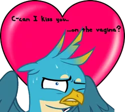 Size: 999x890 | Tagged: awkward, cringing, derpibooru import, gallus, heart, holiday, implied vagina, lasty's hearts, one eye closed, propositioning, subtle as a train wreck, suggestive, sweat, valentine, valentine's day