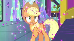 Size: 1280x720 | Tagged: safe, derpibooru import, screencap, applejack, earth pony, pony, ail-icorn, spoiler:interseason shorts, applejack's hat, bed, cowboy hat, female, hat, mare, mirror, raised hoof, solo, telescope, twilight's bedroom