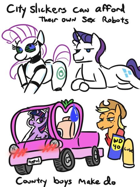 Size: 497x664 | Tagged: suggestive, artist:jargon scott, derpibooru import, applejack, rarity, twilight sparkle, earth pony, pony, robot, robot pony, unicorn, applejack (male), applejack truck, blushing, cardboard twilight, comic, country girls make do, elusive, implied pony on truck action, implied straight, lube, male, meme, prone, raribot, roboticization, rule 63, sexbot, simple background, stallion, sweat, sweatdrop, wd-40, white background