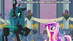 Size: 889x500 | Tagged: safe, derpibooru import, edit, edited screencap, screencap, derpy hooves, fine line, maxie, orion, perfect pace, princess cadance, queen chrysalis, shooting star (character), star gazer, changeling, pony, a canterlot wedding, black, caption, facial hair, food, image macro, manly, meme, moustache, muffin, pink, text