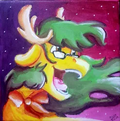 Size: 2292x2324 | Tagged: acrylic painting, artist:euspuche, deer, deer pony, derpibooru import, glasses, night, oc, oc:ananá, original species, raba-pony, safe, singing, smiling, traditional art