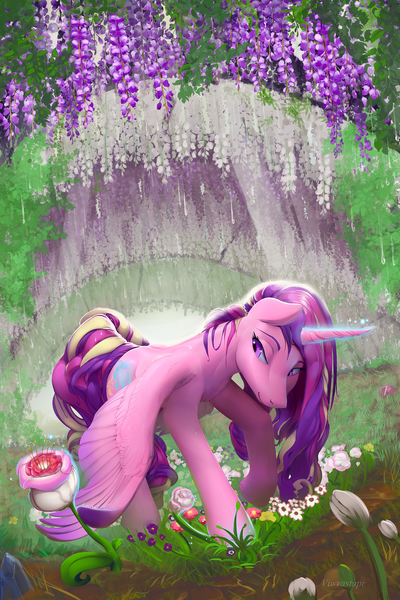 Size: 1600x2400 | Tagged: safe, artist:viwrastupr, derpibooru import, princess cadance, alicorn, pony, female, flower, glowing horn, grass, horn, lilac (flower), mare, smiling, solo, spring, wet, wet mane