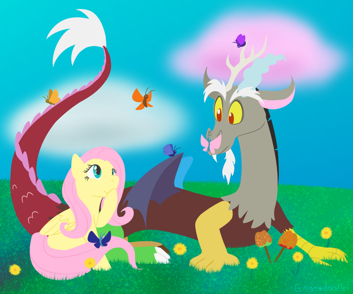 Size: 1200x1000 | Tagged: safe, artist:enigmadoodles, derpibooru import, discord, fluttershy, butterfly, draconequus, pegasus, pony, apple, butterfly on nose, candy apple (food), covering mouth, cute, discute, duo, female, flower, folded wings, food, friendshipping, grass, insect on nose, looking at something, male, mare, outdoors, prone, shyabetes, sitting, smiling, wings