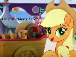 Size: 1024x768 | Tagged: apple cider, applejack, applejack's hat, balloon, bronybait, cowboy hat, cropped, cute, derpibooru import, dialogue, edit, edited screencap, hat, jackabetes, my little pony: the movie, safe, screencap, wagon