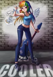 Size: 762x1100 | Tagged: safe, artist:the-park, derpibooru import, rainbow dash, human, pegasus, pony, armpits, bra, bra strap, clothes, cloud, converse, cutie mark, cutie mark on clothes, devil horn (gesture), graffiti, guitar, guitar pick, humanized, jeans, looking at you, midriff, musical instrument, painting, pants, shoes, solo, sunglasses, tanktop, underwear