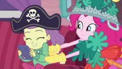 Size: 1920x1080 | Tagged: safe, derpibooru import, screencap, lily pad (equestria girls), pinkie pie, crab, equestria girls, equestria girls series, pinkie sitting, animal costume, clothes, costume, cute, hat, pirate hat, tickling, young